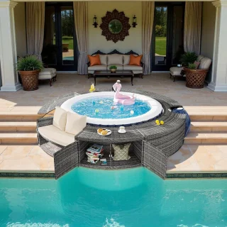 Rond Bubbelbad Omranding met Opbergruimte & Zitplaatsen – Poly Rattan & Hout Zwembadrand, Ø 283 cm, Modern Grijs, Poedergecoat Stalen Frame, Luxe Outdoor Spa Meubelset HomeByNicole