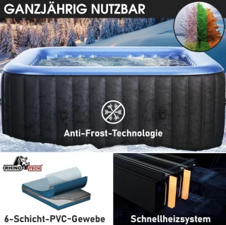 Jacuzzi 4-Persoons – Luxe Opblaasbare Jacuzzi / Bubbelbad / Spa Voor Thuis en Tuin – Vierkante Jacuzzi Met 108 Bubbeljets, UVC Desinfectie, Verwarming Tot 40°C, Rhino-Tech PVC, LED Afstandsbediening – Energiezuinig Opblaasbaar Wellness Bubbelbad Voor