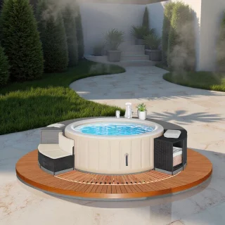 Luxe Whirlpool Badkuip Surround – Acaciahout & Weerbestendig Poly Rattan – Inclusief Opbergruimte, Bank & Trap – Geschikt voor Jacuzzi & Spa Buiten – Zwart – Hometotry