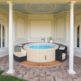Luxe Whirlpool Badkuip Surround – Acaciahout & Weerbestendig Poly Rattan – Inclusief Opbergruimte, Bank & Trap – Geschikt voor Jacuzzi & Spa Buiten – Zwart – Hometotry review