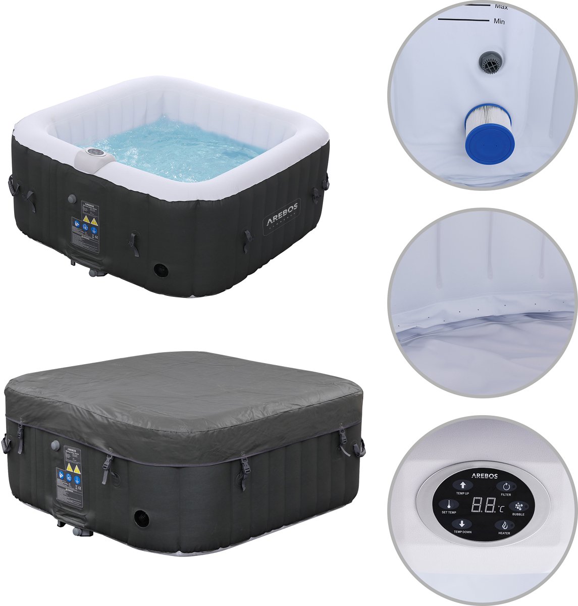 Arebos Opblaasbare Hottub 4 Persoons 154x154 cm 600L