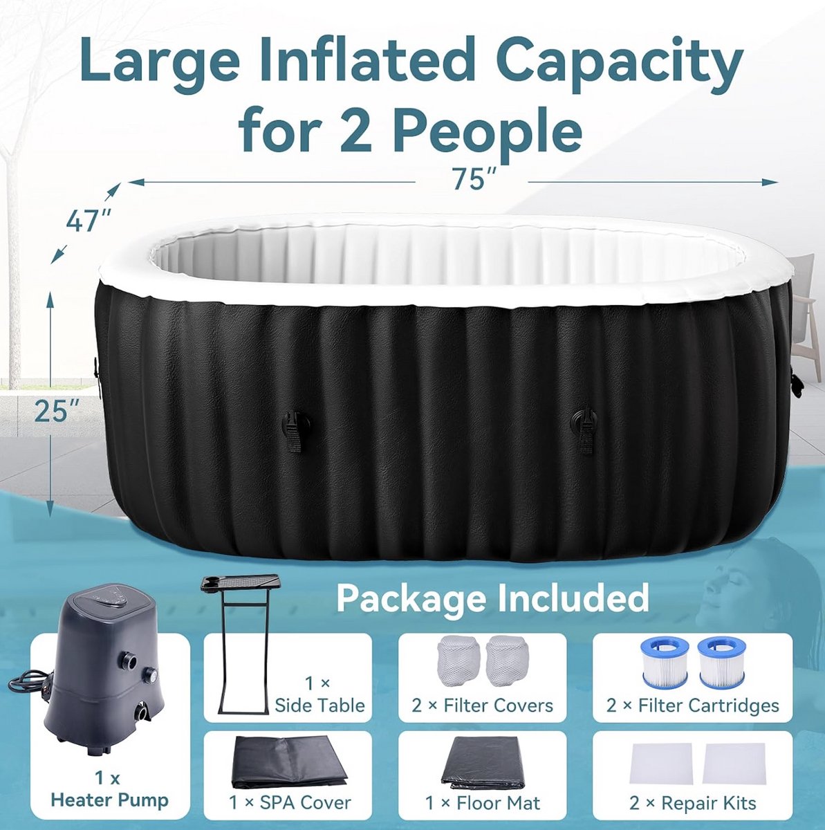 Industrialhome Opblaasbare Hot Tub 2 Personen 660L Zwart Ovaal