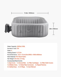 Opblaasbare hot tub 4-6 personen vierkant 1850x660 mm - grijs