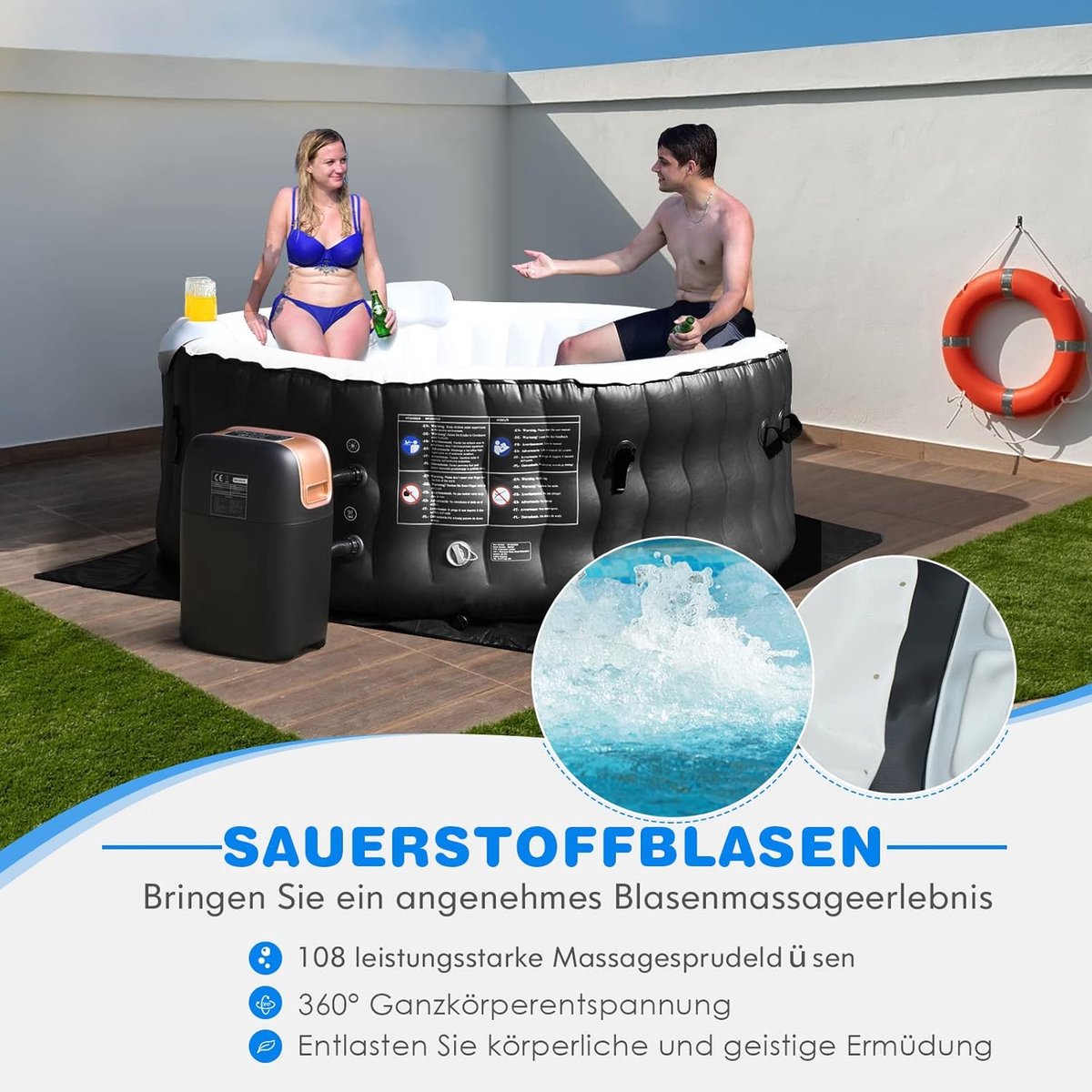 Opblaasbare Jacuzzi Ø180 cm Zwart 2-4 Personen