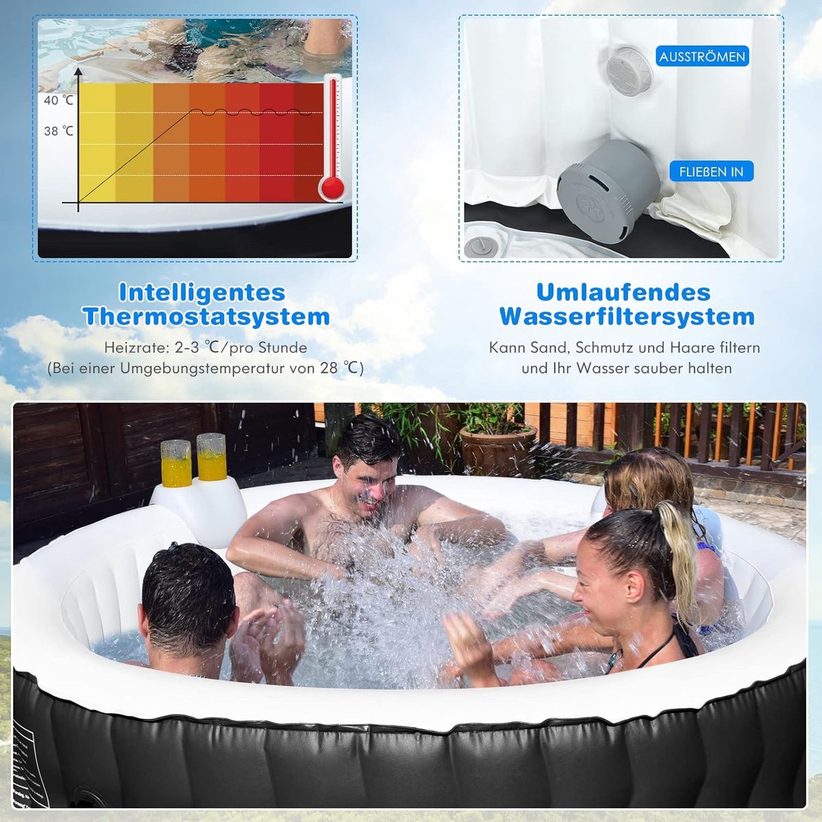 Opblaasbare Jacuzzi Ø180 cm Zwart 2-4 Personen