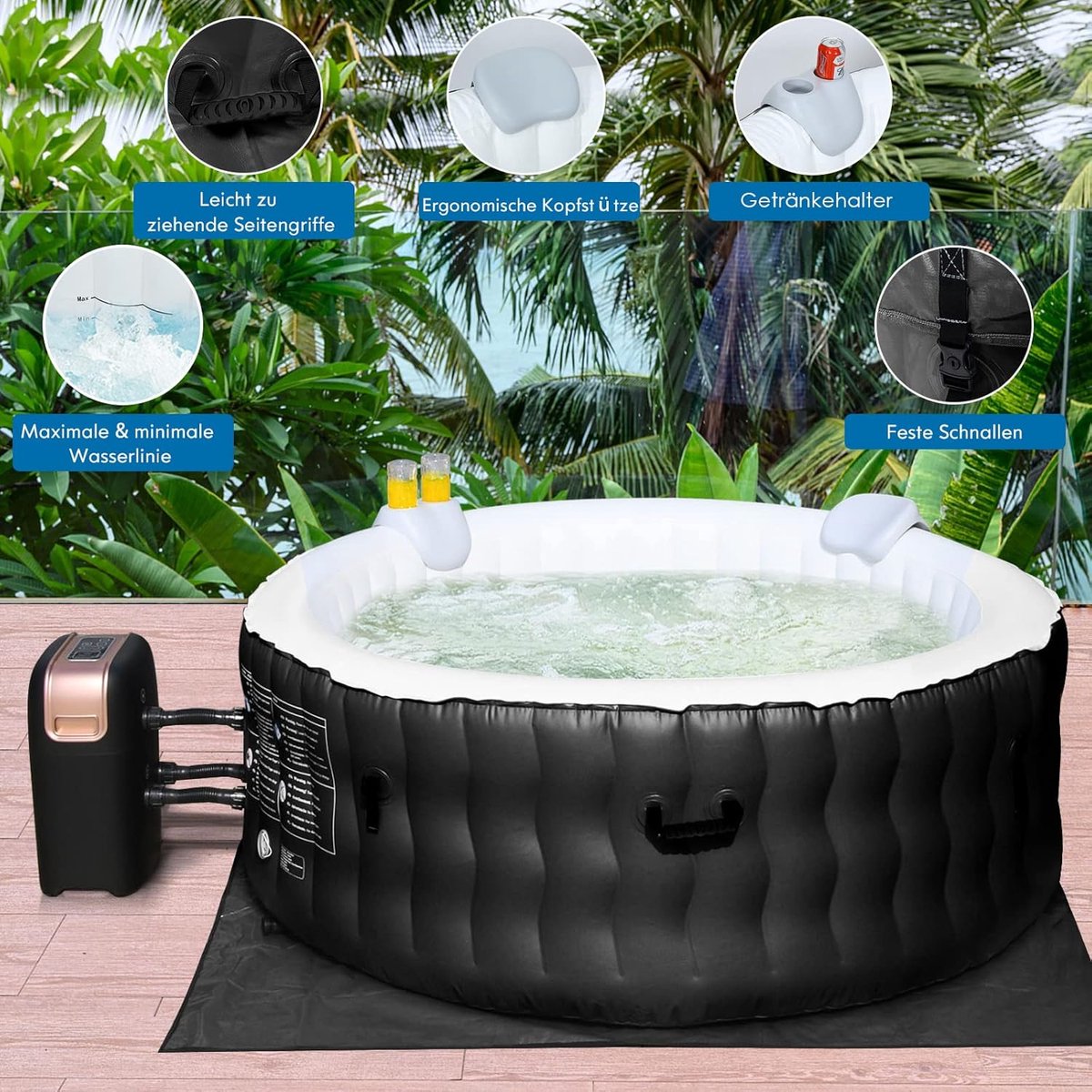 Opblaasbare Jacuzzi Ø180 cm Zwart 2-4 Personen