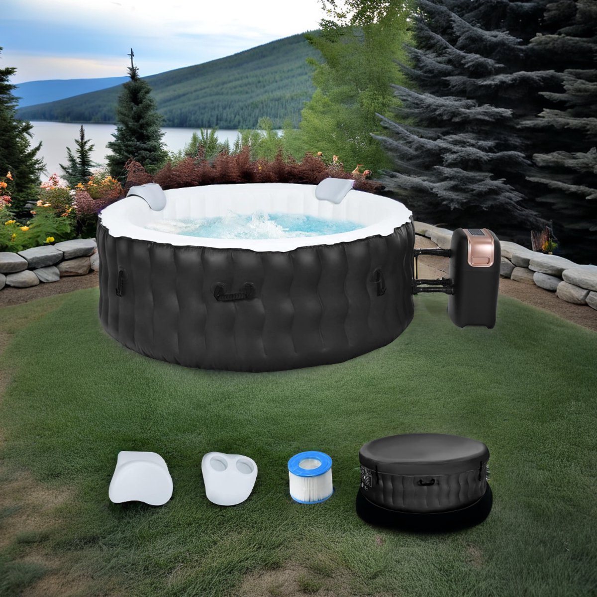 Opblaasbare Jacuzzi Ø180 cm Zwart 2-4 Personen