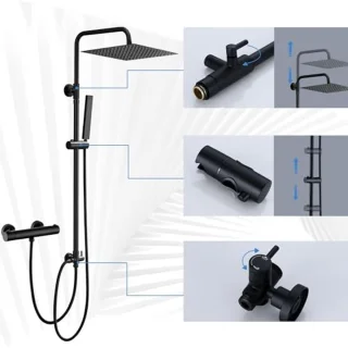 Verstelbare Doucheset Thermostatisch Zwart met Regendouche en Douchekolom 30x30cm