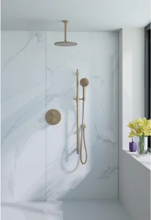 Fortifura Calvi Inbouw Regendoucheset - rond - thermostatisch - plafondarm - glijstang - 25cm hoofddouche - ronde handdouche - gladde slang - Geborsteld Messing PVD (Goud)