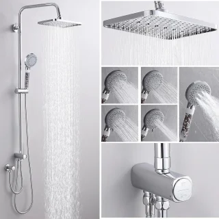 Complete Douche Set met Waterbesparende Douchekop en Verstelbare Douchebar - Vierkante Hoofddouche 28x18cm - 90-120Cm - Chrome regendouche zonder kraan