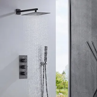 Thermostatische Inbouwdoucheset met Zwarte Afwerking - Inbouw-douchearmatuur met Hoofddouche 25 x 25 cm en Handdouche