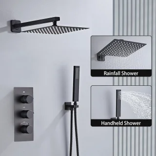 Thermostatische Inbouwdoucheset met Zwarte Afwerking - Inbouw-douchearmatuur met Hoofddouche 25 x 25 cm en Handdouche