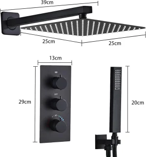 Thermostatische Inbouwdoucheset met Zwarte Afwerking - Inbouw-douchearmatuur met Hoofddouche 25 x 25 cm en Handdouche