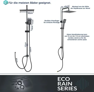 Grote vierkante regendouche 30 cm - zwart - 304 roestvrij staal - 3 straalsoorten - handdouche - waterbesparend regendouche zonder kraan