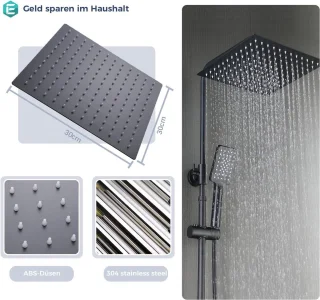 Grote vierkante regendouche 30 cm - zwart - 304 roestvrij staal - 3 straalsoorten - handdouche - waterbesparend regendouche zonder kraan