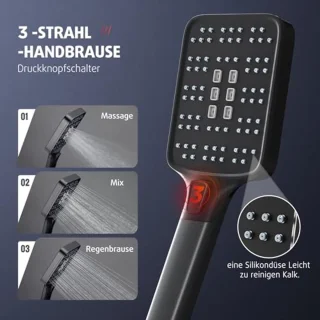 Douchesysteem met plank, zwart, 30 x 30 cm, vierkant, regendouche en 3 straalsoorten