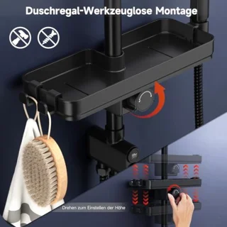 Douchesysteem met plank, zwart, 30 x 30 cm, vierkant, regendouche en 3 straalsoorten