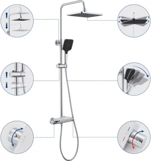 Lonheo max Douchesysteem - Regendouche met Thermostaatkraan Met planchet Chroom - Regendouche met 3 Functie Handdouche