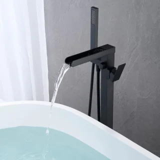 Waterval badvuller vrijstaande badkraan zwarte staande messing enkele hendel badkamerkraan met handdouche-douchekop-doucherek