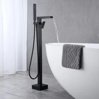 Waterval badvuller vrijstaande badkraan zwarte staande messing enkele hendel badkamerkraan met handdouche-douchekop-doucherek