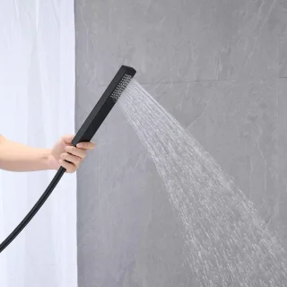 Waterval badvuller vrijstaande badkraan zwarte staande messing enkele hendel badkamerkraan met handdouche-douchekop-doucherek
