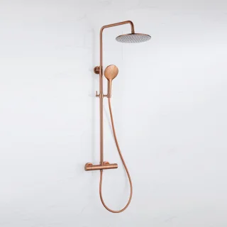 Fortifura Calvi Regendoucheset - thermostatisch - 25cm hoofddouche - gladde slang - ronde handdouche - Geborsteld koper PVD (Koper)