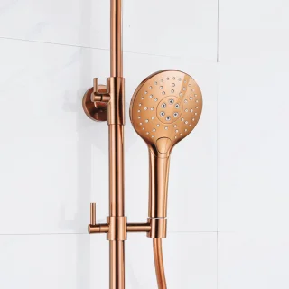 Fortifura Calvi Regendoucheset - thermostatisch - 25cm hoofddouche - gladde slang - ronde handdouche - Geborsteld koper PVD (Koper)