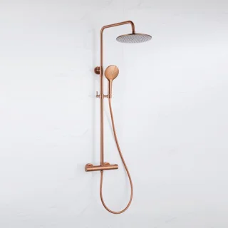 Fortifura Calvi Regendoucheset - thermostatisch - 25cm hoofddouche - gladde slang - ronde handdouche - Geborsteld koper PVD (Koper)