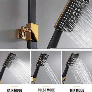 douchesysteem - doucheset - regendouche - Compleet Zwart & Goud Douchesysteem – 8 inch Regendouche, Wandkraan & Handdouche