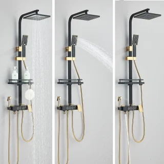douchesysteem - doucheset - regendouche - Compleet Zwart & Goud Douchesysteem – 8 inch Regendouche, Wandkraan & Handdouche