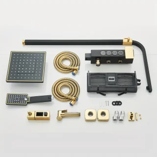 douchesysteem - doucheset - regendouche - Compleet Zwart & Goud Douchesysteem – 8 inch Regendouche, Wandkraan & Handdouche
