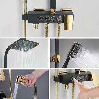douchesysteem - doucheset - regendouche - Compleet Zwart & Goud Douchesysteem – 8 inch Regendouche, Wandkraan & Handdouche