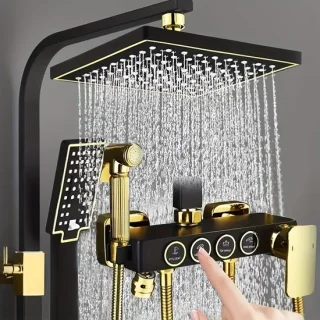 douchesysteem - doucheset - regendouche - Compleet Zwart & Goud Douchesysteem – 8 inch Regendouche, Wandkraan & Handdouche