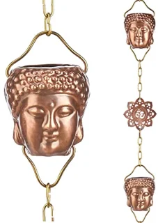Boeddha Hoofd Regenketting 8-1/2 voet lang - 12 Grote Figuren - Puur Koper
