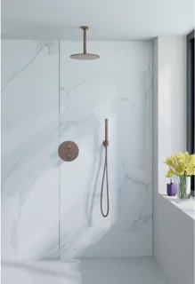 Fortifura Calvi inbouw Regendoucheset - rond - thermostatisch - wandarm - 25cm hoofddouche - staaf handdouche - Geborsteld koper PVD (Koper)
