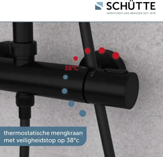 Douchesysteem met thermostaat - Grote regendouche - Diameter 25 cm - Verstelbare handdouche - Douchestang - Zwart regendouche zonder kraan