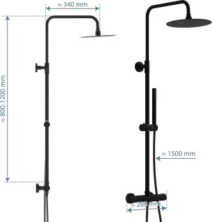 Douchesysteem met thermostaat - Grote regendouche - Diameter 25 cm - Verstelbare handdouche - Douchestang - Zwart regendouche zonder kraan