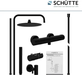 Douchesysteem met thermostaat - Grote regendouche - Diameter 25 cm - Verstelbare handdouche - Douchestang - Zwart regendouche zonder kraan