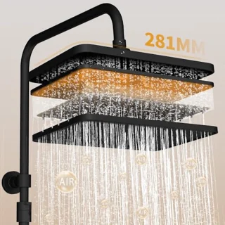 Douchesysteem met Thermostaat en Glazen Plank 40 x 18 cm - Hoofddouche 28 x 18 cm