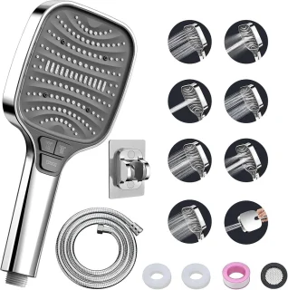 Chromen Handdouche Set met Hoofd en Slang - 4 Knoppen, 8 Straalsoorten, Waterbesparend