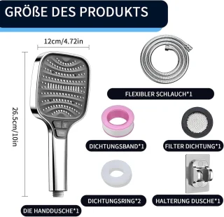 Chromen Handdouche Set met Hoofd en Slang - 4 Knoppen, 8 Straalsoorten, Waterbesparend