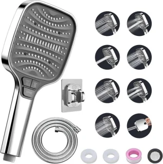 Chromen Handdouche Set met Hoofd en Slang - 4 Knoppen, 8 Straalsoorten, Waterbesparend