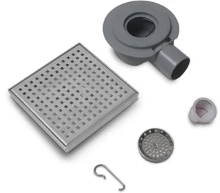 Vierkante bodemsifon 150x150 mm met roestvrijstalen afvoerrooster en 360° draaibare douchekop