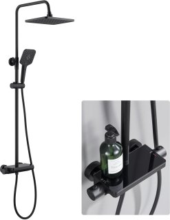 De Lonheo max Compleet Douchesysteem met Thermostaatkraan - ABS Doucheset - Hoofddouche & Handdouche- Vierkante Regendouche - Verstelbare Regendouche - Zwart in één oogopslag