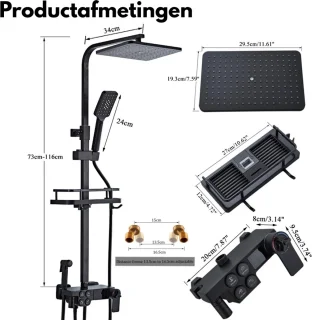 CozyLiving Regendouche met LED Scherm en Thermostaatkraan - Doucheset Zwart - Regendoucheset - Zwart Douchekolom met Thermostatische Mengkraan - 9 inch Douchekop