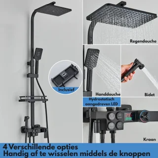 CozyLiving Regendouche met LED Scherm en Thermostaatkraan - Doucheset Zwart - Regendoucheset - Zwart Douchekolom met Thermostatische Mengkraan - 9 inch Douchekop