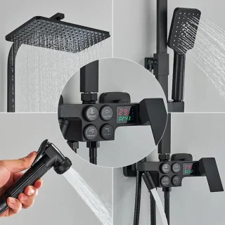 CozyLiving Regendouche met LED Scherm en Thermostaatkraan - Doucheset Zwart - Regendoucheset - Zwart Douchekolom met Thermostatische Mengkraan - 9 inch Douchekop
