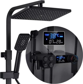 CozyLiving Regendouche met LED Scherm en Thermostaatkraan - Doucheset Zwart - Regendoucheset - Zwart Douchekolom met Thermostatische Mengkraan - 9 inch Douchekop