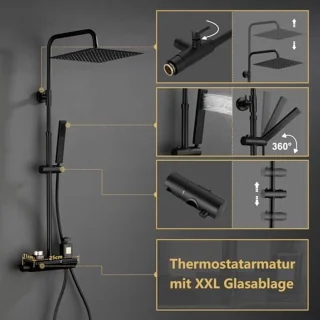 Zwart Douchesysteem met Thermostaat en Mengkraan - Regendoucheset met Handdouche