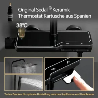 Zwart Douchesysteem met Thermostaat en Mengkraan - Regendoucheset met Handdouche